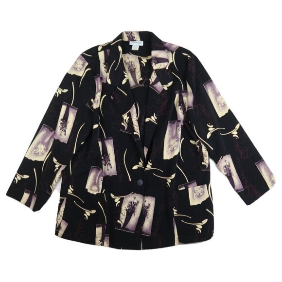 VINTAGE WOMEN'S BLACK PRINT OVERSIZED UNLINED BLAZER JACKET - JOANNA - SIZE L - Picture 1 of 4